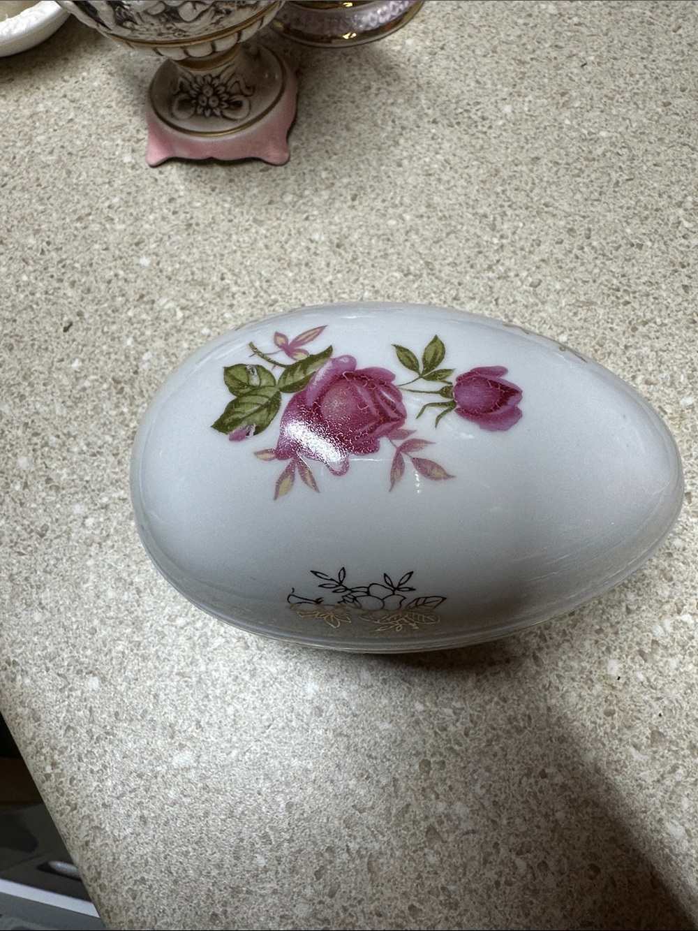 White Ceramic Trinket Box with Pink Rose Motif